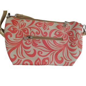 Happy Wahine Crossbody Shoulder Bag Beige Pink Floral Adjustable Strap Zip Close